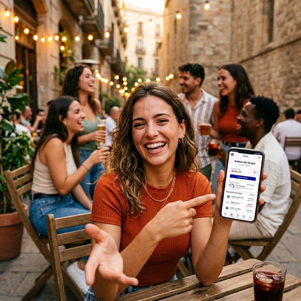 Grupo de amigos felices usando la aplicación KYVO en una terraza, invitándote a unirte